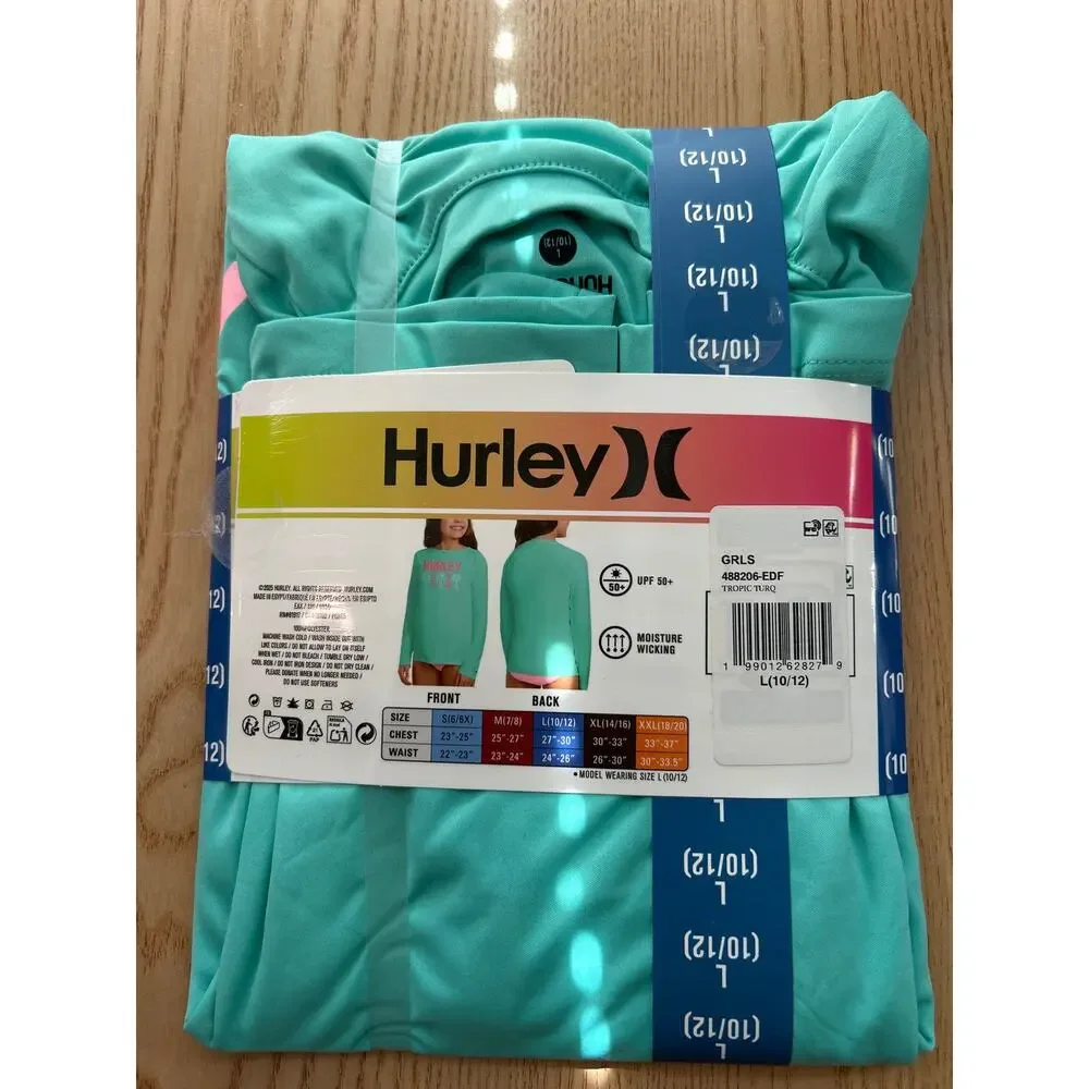 #2 New Girls Hurley Tropic Print Swim Top L Sleeve UPF 50+ Turquoise Large 10-12